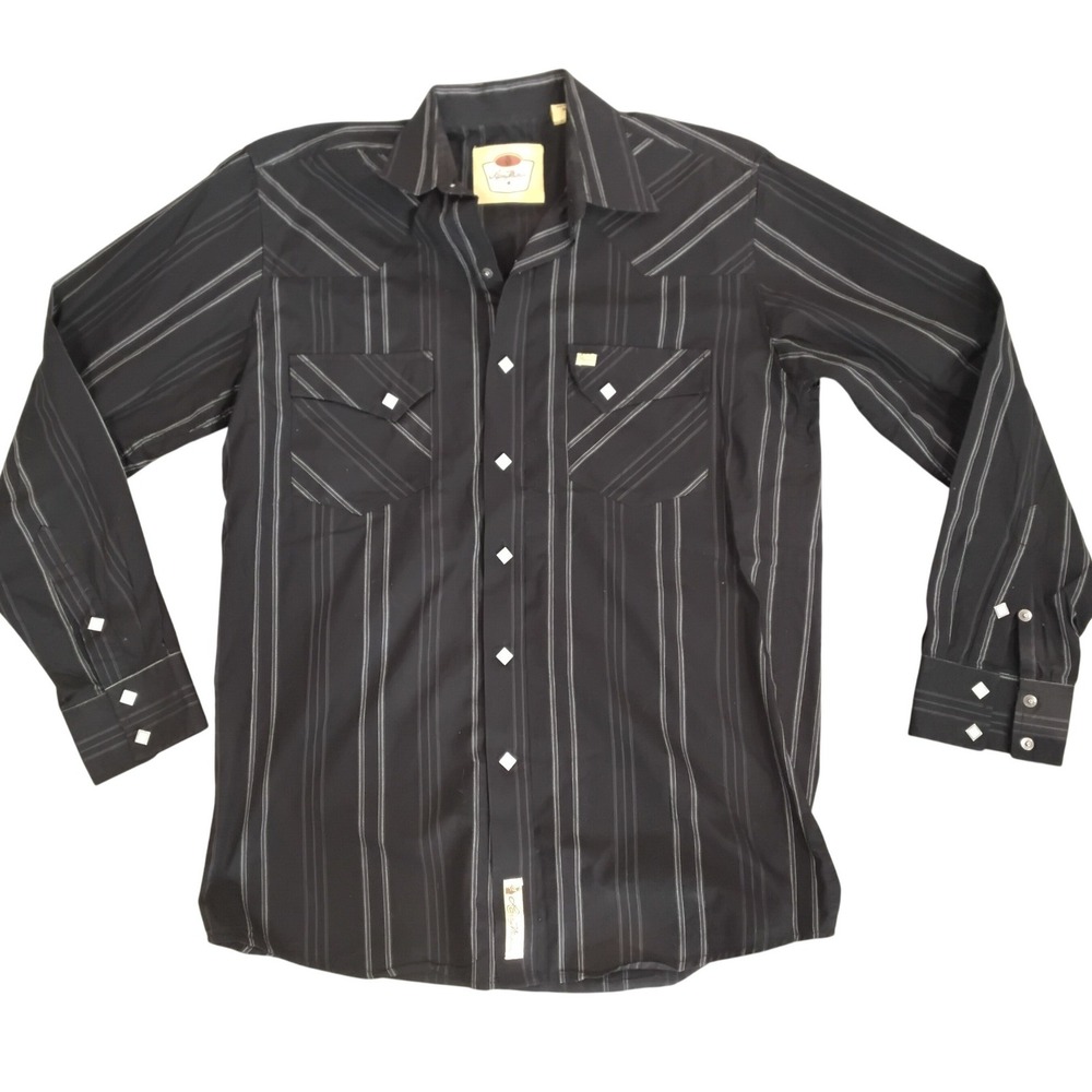 Larry Mahan Cowboy Collection Mens Black Pinstripe Western Snap Button Shirt M